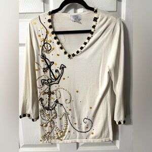 Just B Beaded Sequin Embellished V-Neck Nautical Sweater Ivory Black Gold Large
